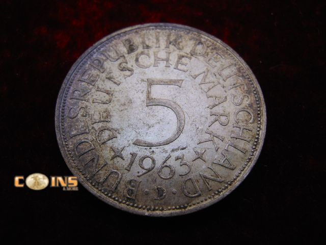 Lot 36-487925 - 1963 J Germany 5 Mark Circulated World Silver Coin.