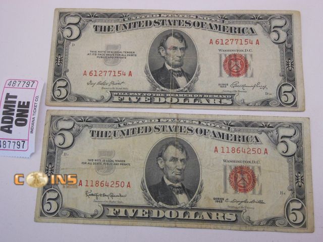 Lot 36-487797 - Lot of Two Red Seal $5 United States Notes.