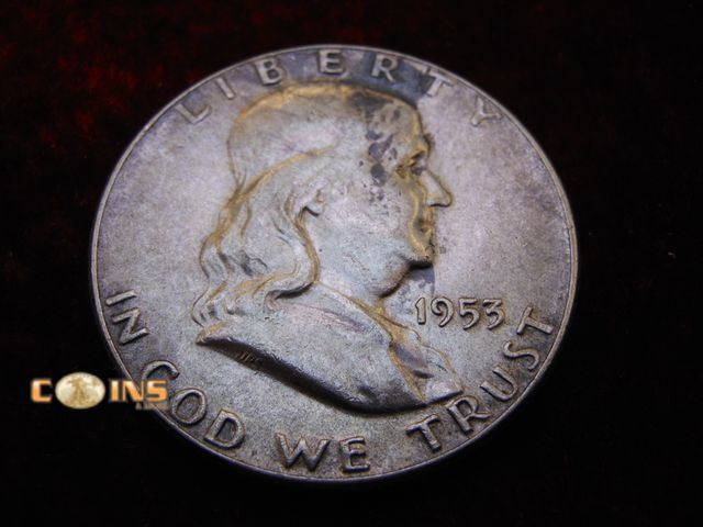 Lot 36-486489 - 1953 Silver Franklin Half Dollar. Bell Lines Visible.