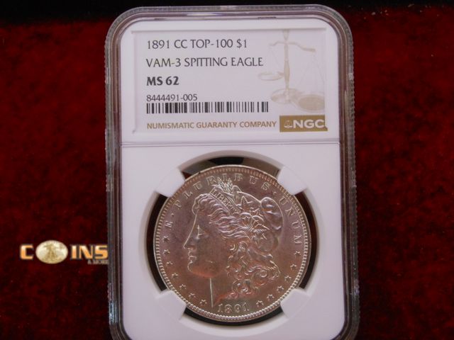 Lot 36-238539 - RARE 1891-CC Morgan Silver Dollar $1 VAM 3 Spitting Eagle Top 100 NGC MS62.