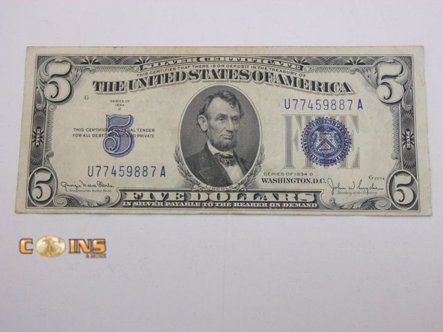 Lot 36-487772 - Better Condition 1934-D %5 Blue Seal Silver Certificate.