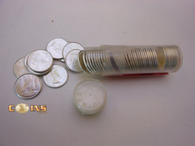 Lot 36-486421 - Roll of UNC/BU 1964 Silver Canadian Dimes, 50 Silver Dimes.
