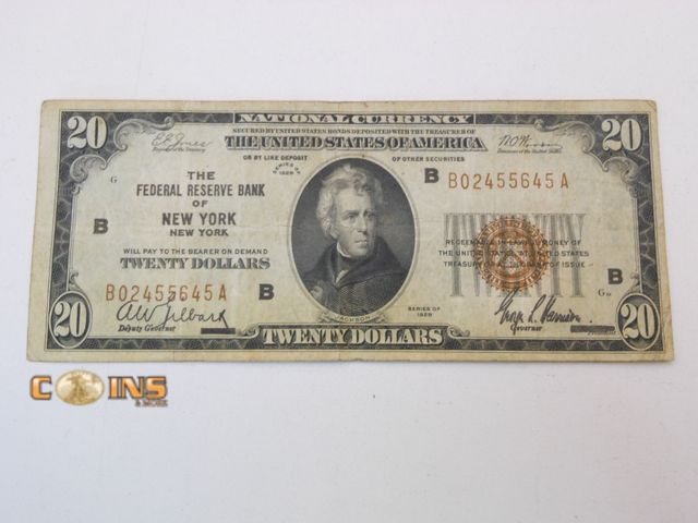 Lot 36-489200 - Better Condition 1929 $20 National Bank Note Of New York.