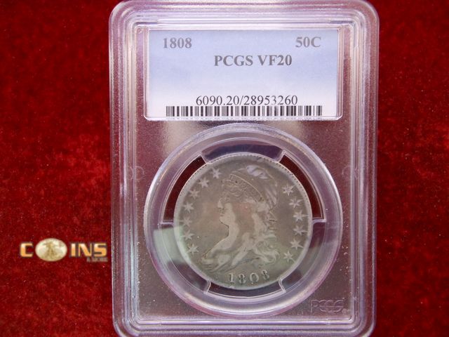 Lot 36-488266 - Better 1808 Capped Bust Silver Half Dollar PCGS Graded VF20.