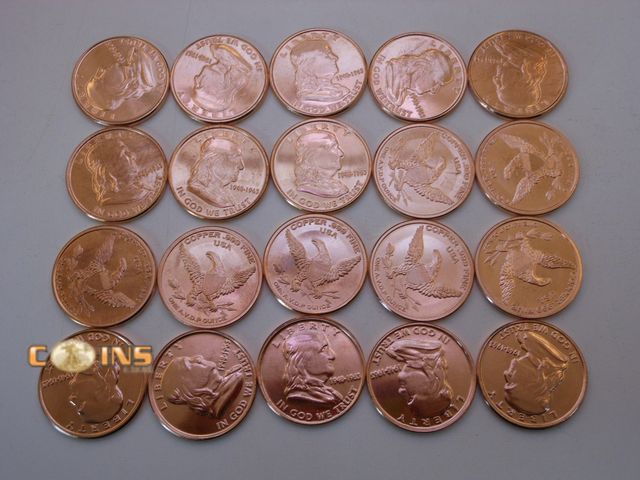 Lot 36-238244 - Roll of 20 .999 Fine Copper One Ounce Franklin Rounds.
