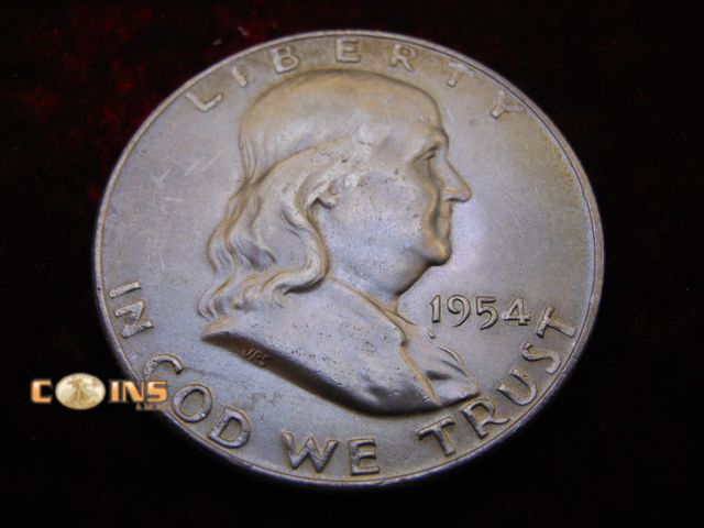Lot 36-486491 - UNC/BU 1954-S Silver Franklin Half Dollar. Full Bell Lines Visible.