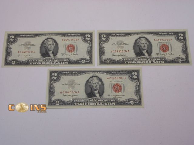 Lot 36-238565 - Lot of Three 1963 UNC Red Seal $2 United States Notes.