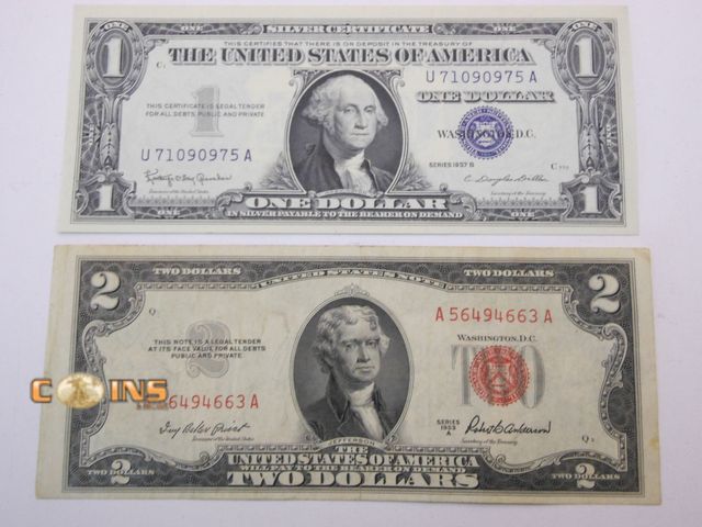 Lot 36-487909 - Better Condition Blue Seal $1 Silver Certificate and Red Seal $2 Note.