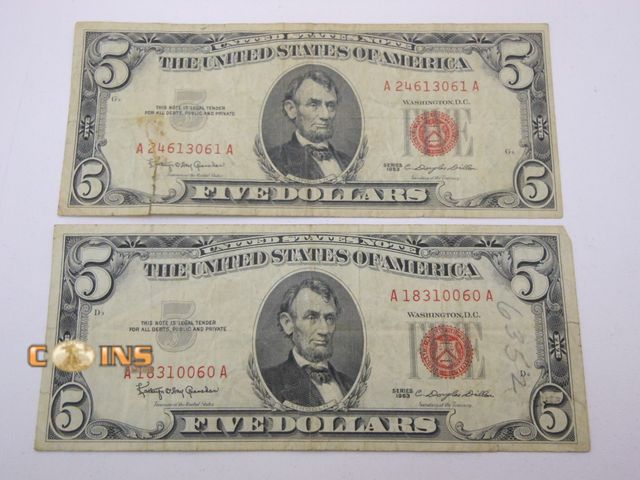 Lot 36-486613 - Lot of Two Red Seal $5 United States Notes.