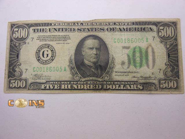 Lot 36-487356 - Rare 1934 $500 Federal Reserve Note.