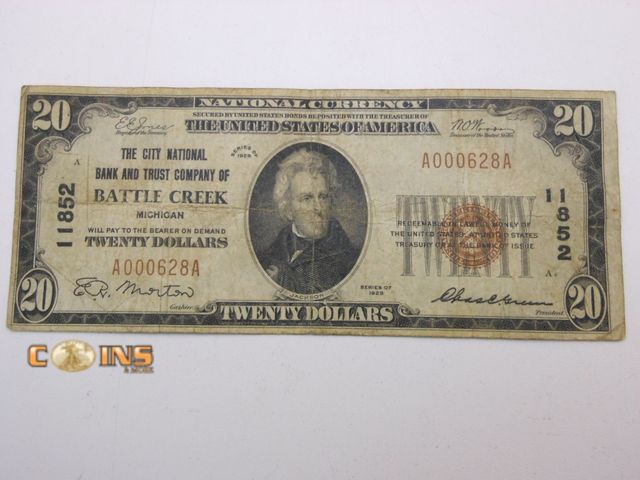 Lot 36-487908 - MUST SEE 1929 Brown Seal $20 National Currency Note.  EXTREMELY Low Serial Number A000628A.