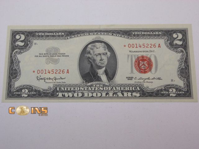 Lot 36-487267 - #1 (Sequential With #2) UNC/Crisp 1963 STAR Note Red Seal United States $2 Note.