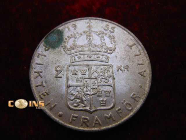 Lot 36-487926 - 1955 Sweden 2 Kronor - Large Silver Coin - Gustaf VI Adolf.