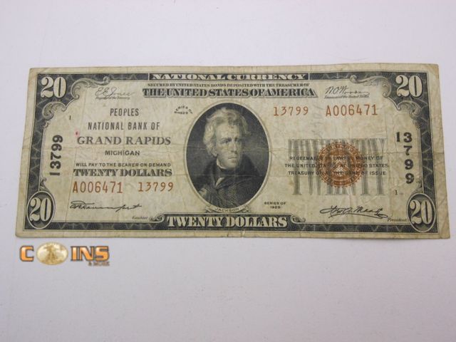 Lot 36-486610 - MUST SEE 1929 $20 Grand Rapids Michigan $20 National Currency Note.