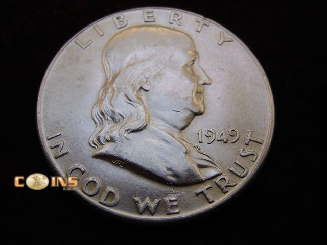 Lot 36-486478 - AU+ 1949 Silver Franklin Half Dollar.  Full Bell Lines.