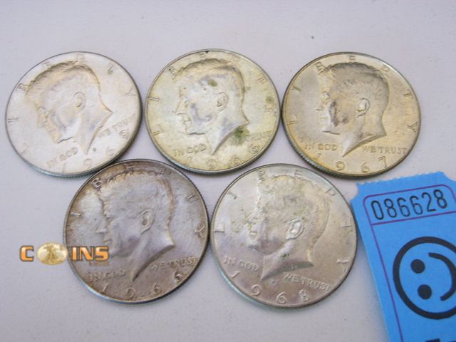 Lot 36-086628 - Lot of Five Assorted Silver Kennedy Half Dollars, See Pictures For Dates.