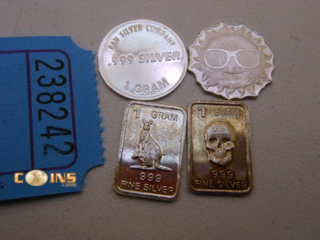 Lot 36-238242 - Lot of Four .999 Fine Silver One Gram Bars and Rounds.
