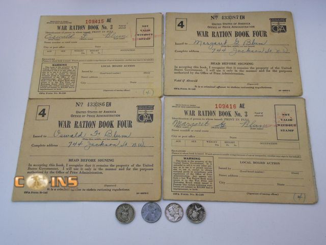 Lot 36-087143 - WWII Lot.  Lot of Four WWII Ration Books, Silver Mercury Dime, Steel Cent and Philippines Coins.  Se...