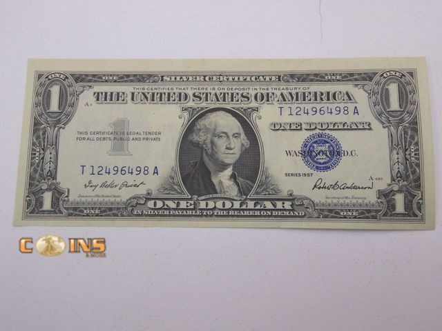 Lot 36-487815 - UNC/CRISP 1957 Blue Seal $1 Silver Certificate, Slight off Center Error.