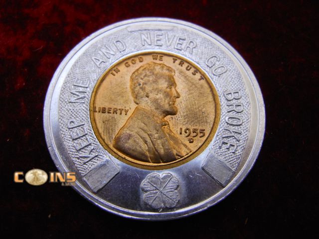 Lot 36-086797 - UNC 1955-D Wheat Cent Encapsulated in "Keep Me and Never Go Broke" Round.