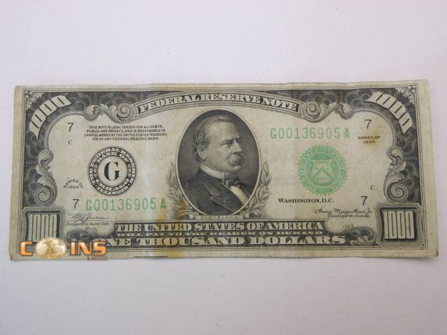 Lot 36-489908 - Must See 1934 $1000 Federal Reserve Note.
