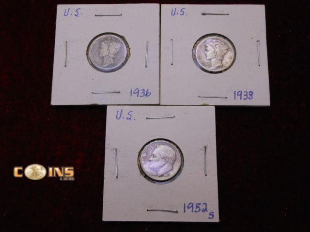 Lot 36-489147 - Lot of Three Silver US Dimes.