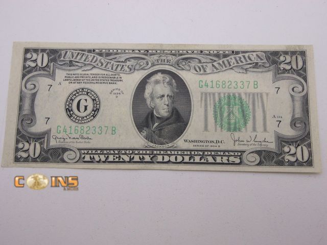 Lot 36-487719 - Near Crisp 1934-D $20 Federal Reserve Note, Fantastic Eye Appeal.