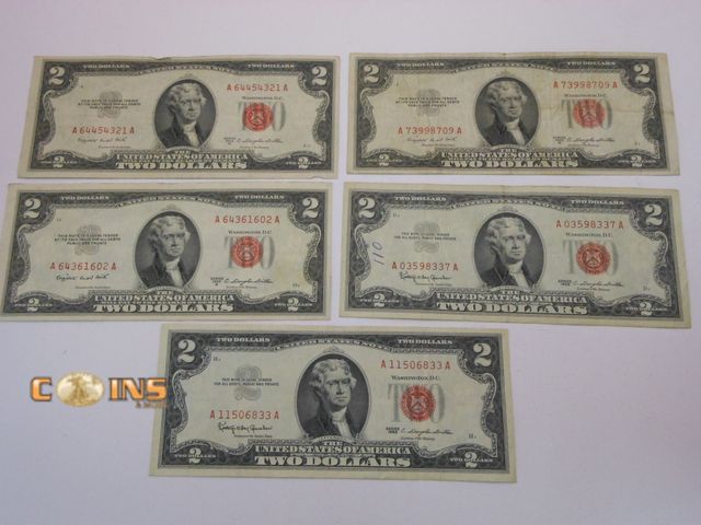 Lot 36-238198 - Lot of Five Red Seal $2 United States Note.