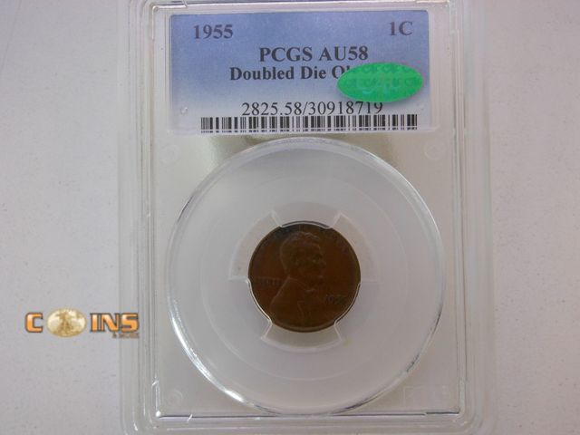 Lot 36-087090 - KING OF THE WHEAT CENTS 1955 Lincoln Wheat Cent DDO PCGS Graded AU58 With CAC.  MUST SEE COIN.