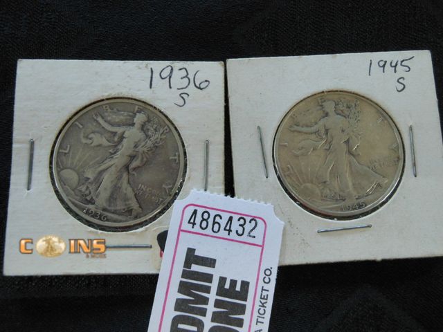 Lot 36-486432 - 1936-S and 1945-S Silver Walking Liberty Half Dollars.