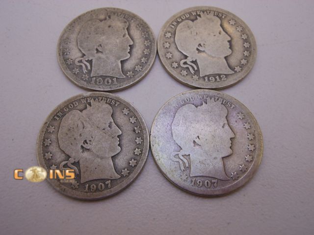 Lot 36-487723 - Lot of Four Silver Barber Quarters, See Both Pictures For Dates and Mint Marks.