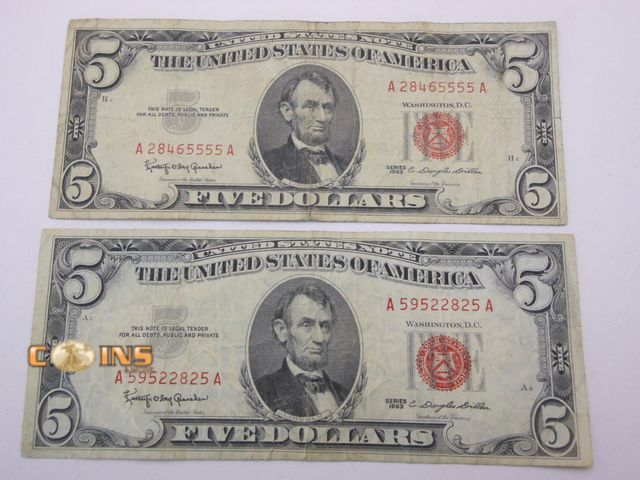 Lot 36-487796 - Lot of Two Red Seal $5 United States Notes.