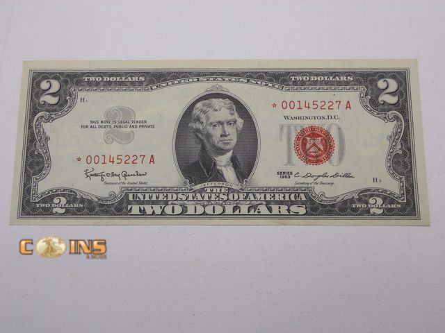 Lot 36-487268 - #2 (Sequential With #1) UNC/Crisp 1963 STAR Note Red Seal United States $2 Note.