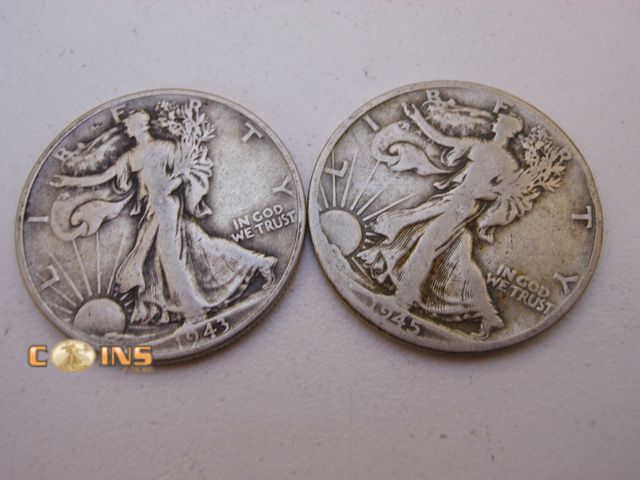 Lot 36-487827 - 1945-D and 1943 Silver Walking Liberty Half Dollars.
