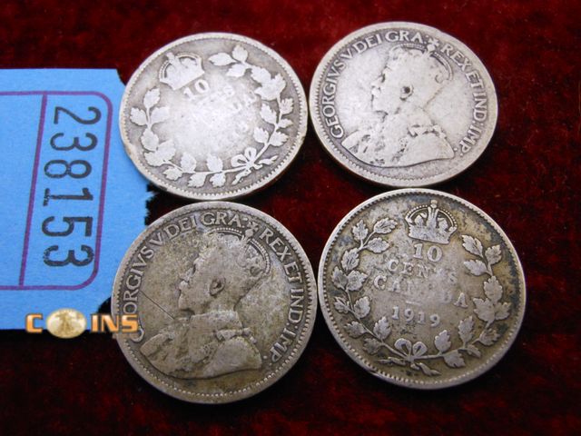 Lot 36-238153 - Lot of Four Silver Canadian Dimes.