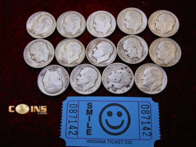 Lot 36-087142 - Lot of 14 Assorted Silver Roosevelt Dimes.