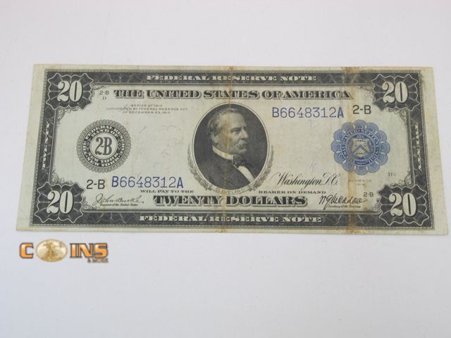 Lot 36-486235 - 1914 $20 Large Note Blue Seal Federal Reserve Note.  Beautiful Reverse Artwork.