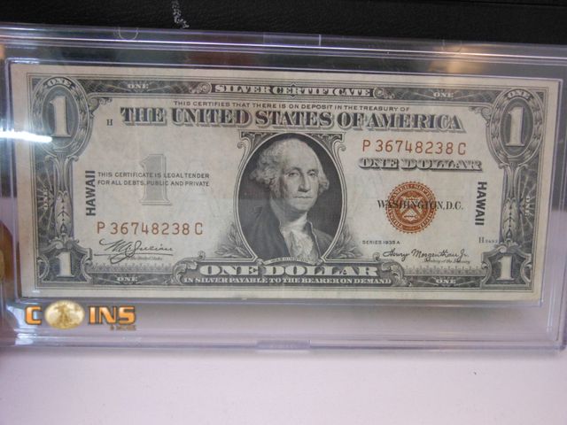 Lot 36-086471 - BETTER CONDITION 1935A Hawaii Overprint $1 Brown Seal Silver Certificate, WWII Currency, Comes in Ha...