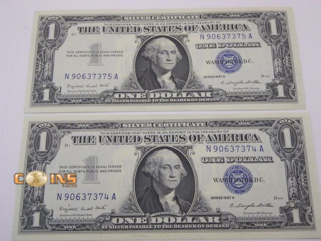 Lot 36-486226 - CRISP SEQUENTIAL Silver Certificates. Lot of Two 1957 Blue Seal Notes.