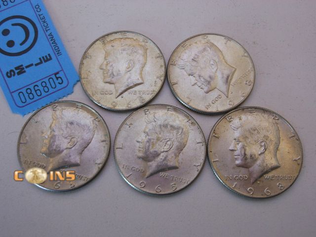 Lot 36-086805 - Lot of Five Silver Kennedy Half Dollars.