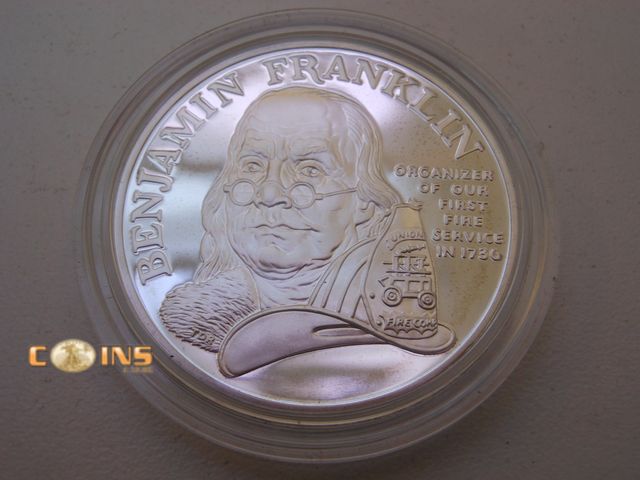 Lot 36-486288 - 1993-P BEN FRANKLIN FIREFIGHTERS SILVER PROOF MEDAL w/ OG BOX &amp; COA.