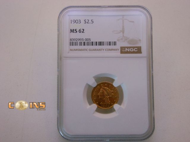 Lot 36-487920 - MUST SEE 1903 $2.5 NGC MS 62 Liberty Head Gold Quarter Eagle.