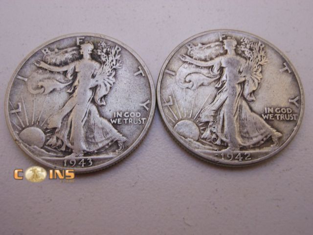 Lot 36-487824 - 1943 and 1942 Silver Walking Liberty Half Dollars.