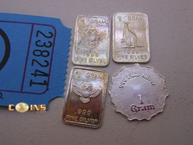 Lot 36-238241 - Lot of Four .999 Fine Silver One Gram Bars and Rounds.