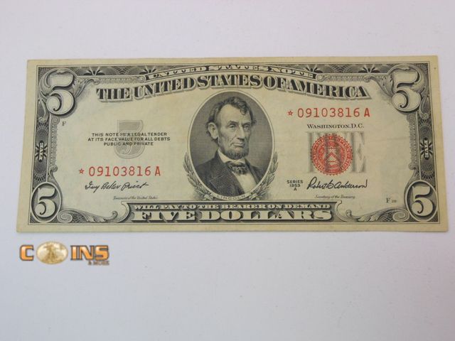 Lot 36-486231 - Better Condition 1953 STAR Note Red Seal $5 United States Note.