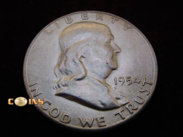 Lot 36-486490 - AU 1954-S Silver Franklin Half Dollar. Bell Lines Visible.