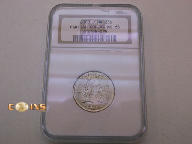 Lot 36-489140 - 2000 P Massachusetts (MA) State Quarter NGC MS66 Partial Collar Mint Error.