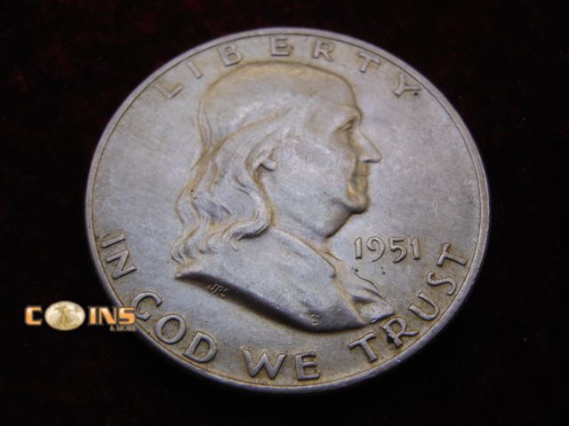 Lot 36-486482 - AU 1951-D Silver Franklin Half Dollar.  Bell Lines Visible.