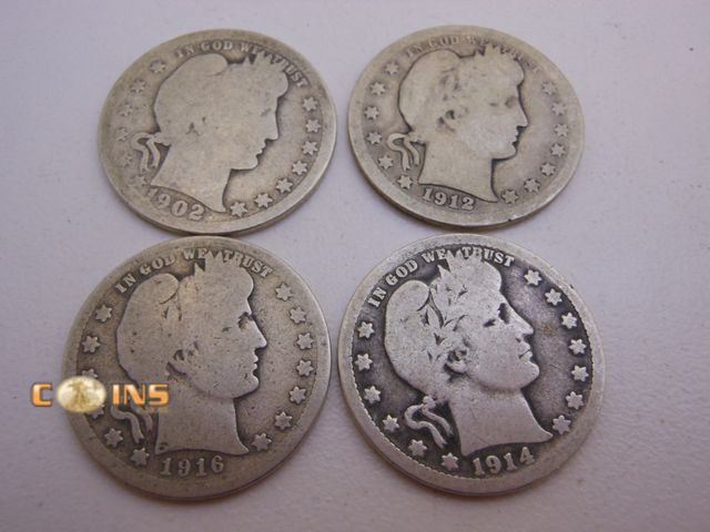 Lot 36-487722 - Lot of Four Silver Barber Quarters, See Both Pictures For Dates and Mint Marks.
