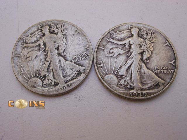 Lot 36-487826 - 1939 and 1941-D Silver Walking Liberty Half Dollars.